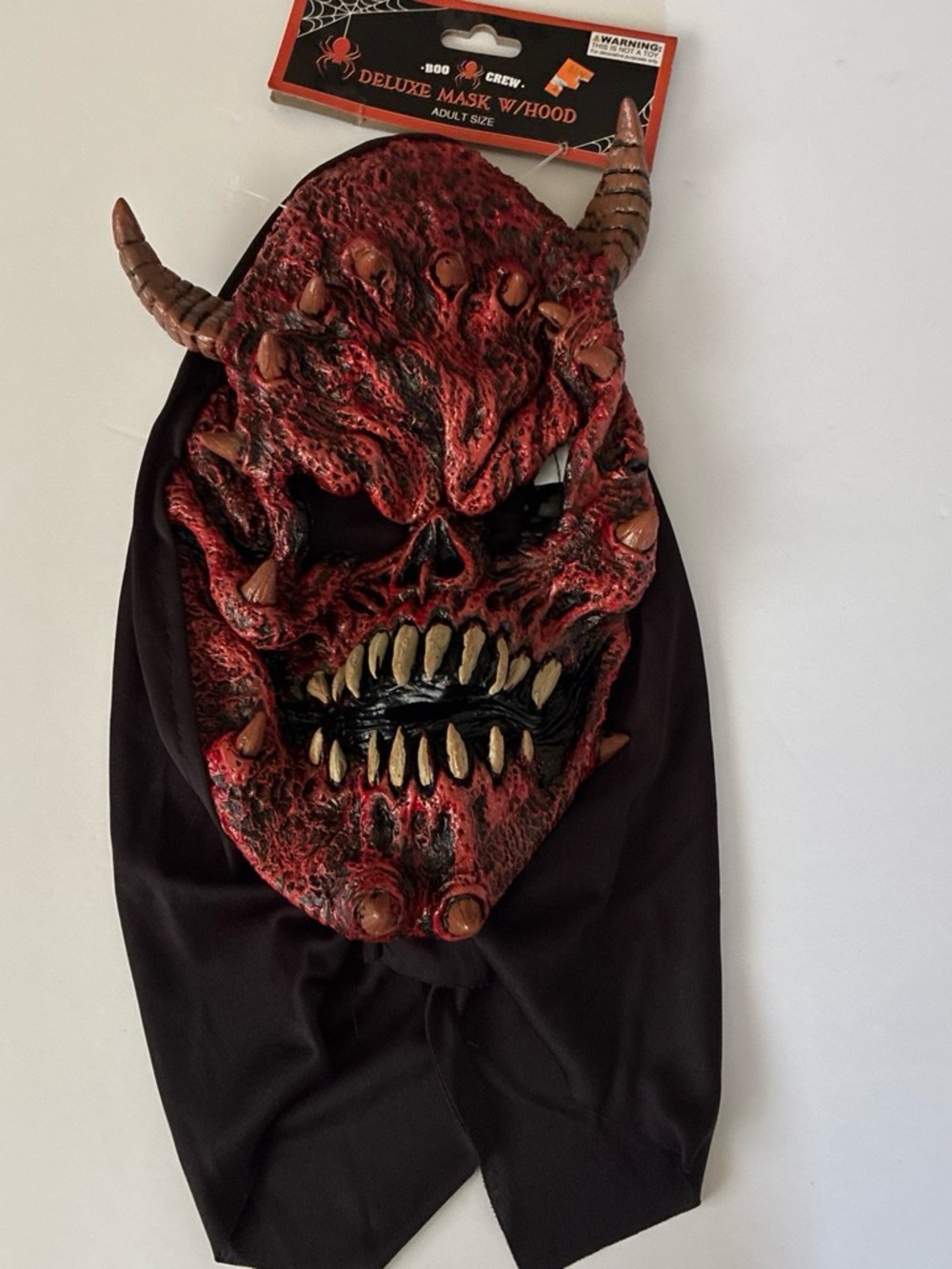 Deluxe Red Demon Mask with Black Hood - Decorative Halloween Mask